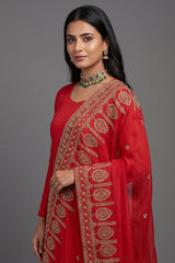 Red Silk Palazzo Suit with Gota Work Cape
