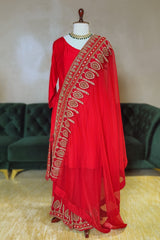Red Silk Palazzo Suit with Gota Work Cape