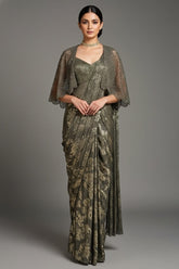 Sage Green Sequin and Beaded Pre Draped Dress with Jacket