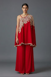 Red Satin Silk Beaded and Sequin Embroidered One Shoulder Palazzo Suit