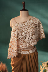 Mustard Brown and Beige Sequin Embroidered One Shoulder Crop Top with Dhoti Skirt Set