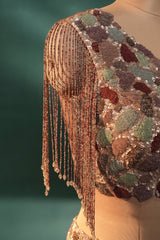 Dusky Purple Organza One Shoulder Crop Top Dhoti Skirt Set with Beaded Fringe Detailing