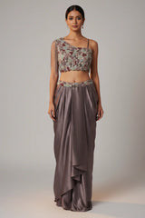 Dusky Purple Organza One Shoulder Crop Top Dhoti Skirt Set with Beaded Fringe Detailing