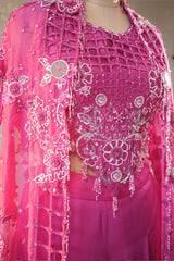 Pink Silk Cutwork Mirror Beaded Crop Top Palazzo Set with Jacket