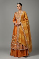 Rust Orange Tissue Beaded and Sequin Worked Slit Cut Palazzo Suit