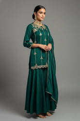 Bottle Green Satin Organza Gota Worked Palazzo Suit