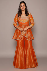Rust Orange Tissue Indo Western Peplum Sharara Set with Sequin and Beads Work