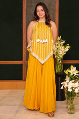 Yellow Tissue Gota and Bead Worked Asymmetric Indo Western Palazzo Set
