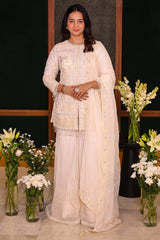 Pearl White Organza Sequinned and Beaded Work Sharara Set