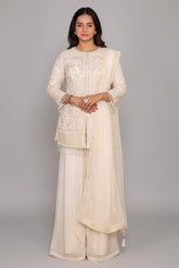 Pearl White Organza Sequinned and Beaded Work Sharara Set