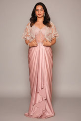 Light Pink Satin Net Beaded Draped Fancy Corset Dress with Cape Jacket