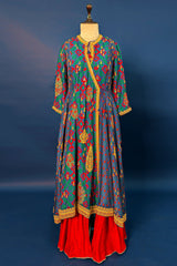 Blue Silk Printed Angrakha Style Palazzo Suit with Sequin Embroidery Work