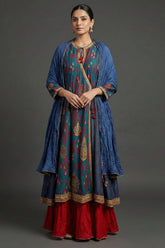 Blue Silk Printed Angrakha Style Palazzo Suit with Sequin Embroidery Work