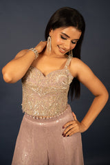 Lilac Purple Net Sequin Cutdana Worked Corset with Palazzo Set