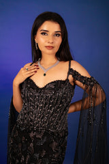 Black Net Sequin Cutdana Worked Gown with Cape