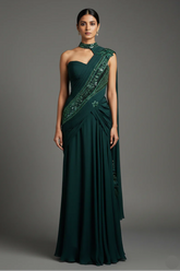 Bottle Green Chinon Silk Indo Western Set