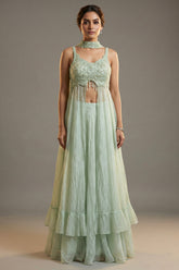 Mint Green Soft Organza Silk Sequin Cutdana worked High Slit Cut Palazzo Suit
