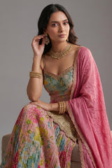 Multi Colored Tissue Silk Floral Printed Palazzo Suit