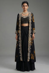 Black Chinon Chiffon Floral Printed Cape Set