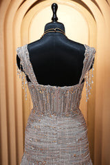 Grayish-Taupe Couture Heavily Hand-Embroidered Evening Gown