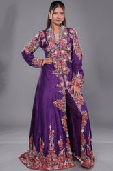 Purple Raw Silk Embellished Handworked Crop Top Jacket Set