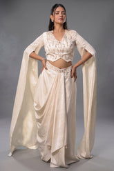 Ivory White Imported Jacquard Sequin and Beaded Draped Skirt Set