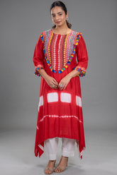 Crimson Red Crepe Silk Asymmetric Tunic Set with Encrusted Bead Yoke and Multicolor Tassels