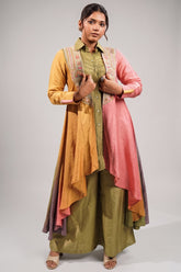 Sage Green Silk Co-ord Set with Multi-Tonal Geometric Embroidered Long Line Cape