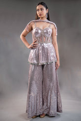 Orchid Mauve High-Density Sequin Sharara Set with Structured Bodice and Attached Fringed Drape
