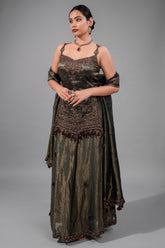 Deep Olive Green Metallic Tissue Tunic and Skirt Ensemble with Ornate Zardosi and Beadwork Bodice