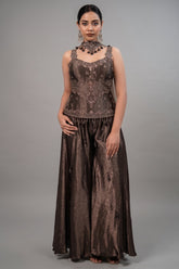 Chocolate Brown Silk Fusion Set featuring Crystal-Embellished Bodice and Sheer Net Dupatta