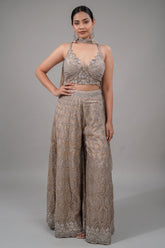 Champagne Beige Embellished Bustier with Sheer Organza Wide-Leg Pants and Sequined Border Dupatta