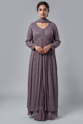 Mauve Georgette Sequin Worked Slit Cut Palazzo Suit