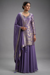 Lilac Chinon Silk Woven Palazzo Suit with Stone Work