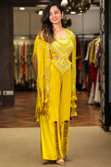 Yellow Raw Silk Designer Heavy Worked Crop Top Palazzo with Jacket