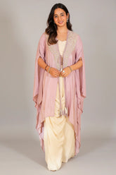 Ivory Beige Crepe Designer Heavy Worked Crop Top Jacket with Dhoti Skirt