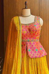 Pink Silk Embellished Sequin Worked Slit Cut Peplum Top with Lehenga