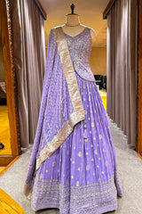 Purple Embellished Sequin Cutdana Worked Slit Cut Peplum Top with Lehenga