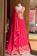Pink Embellished Sequin Cutdana Worked Peplum Top with Lehenga
