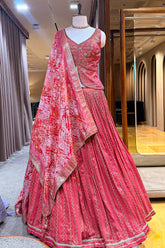 Red Embellished Sequin Cutdana Worked Slit Cut Peplum Top with Lehenga