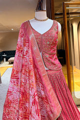 Red Embellished Sequin Cutdana Worked Slit Cut Peplum Top with Lehenga