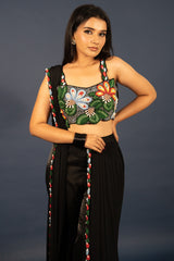 Black Lycra Net Beaded and Cutdana Worked Readymade Saree