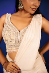 Off White Imported Lycra Readymade Saree with Cutdana and Diamond Work