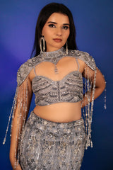 Powder Blue Net Fish Cut Designer Cutdana Sequin Worked Lehenga with Embellished Cape Blouse