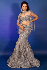 Powder Blue Net Fish Cut Designer Cutdana Sequin Worked Lehenga with Embellished Cape Blouse