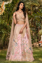 Pink Raw Silk Floral and Peacock Motifs Embroidered Lehenga