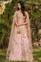 Pink Raw Silk Floral and Peacock Motifs Embroidered Lehenga