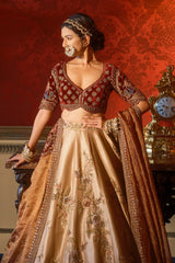 Golden Designer Lehenga in Banarasi Silk with Embroidered Floral and Bird Motifs