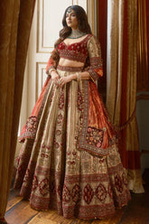 Golden Designer Velvet Patch Work Lehenga in Banarasi Silk with Zardosi