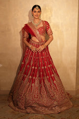 Red Raw Silk Designer Zardosi and Cutdana Worked Bridal Lehenga